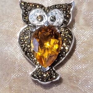 Vintage Swarovski Crystal With Amber Time Teardrop Owl Pendant
